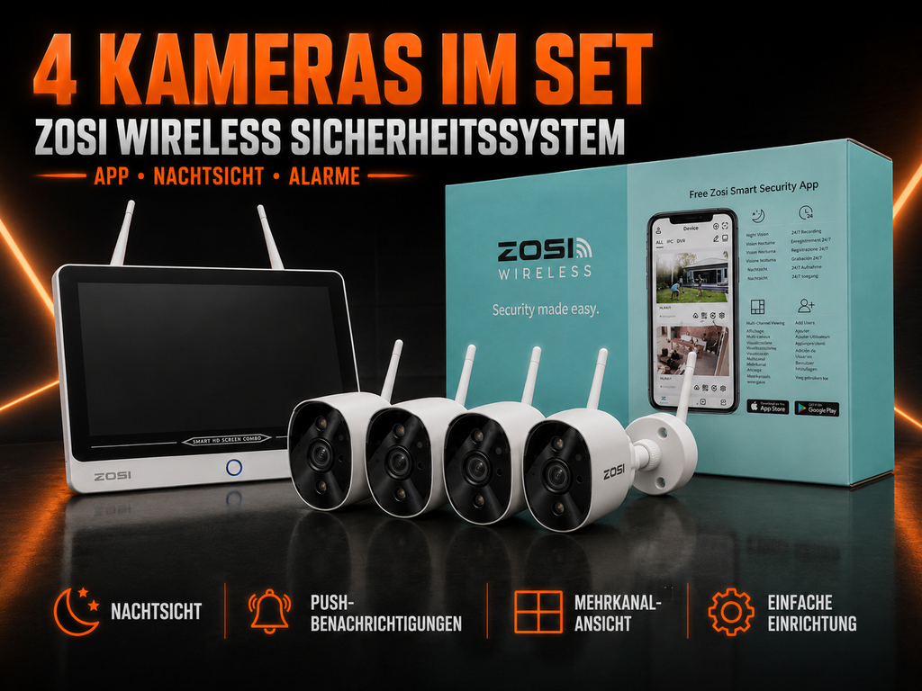 ZOSI Wireless Überwachungssystem mit Monitor & 4 Kameras – App, Nachtsicht & 24/7 Aufzeichnung