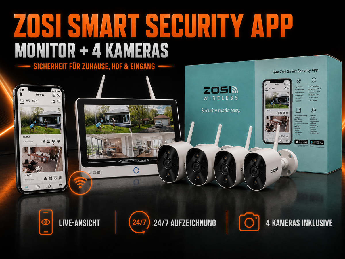 ZOSI Wireless Überwachungssystem mit Monitor & 4 Kameras – App, Nachtsicht & 24/7 Aufzeichnung