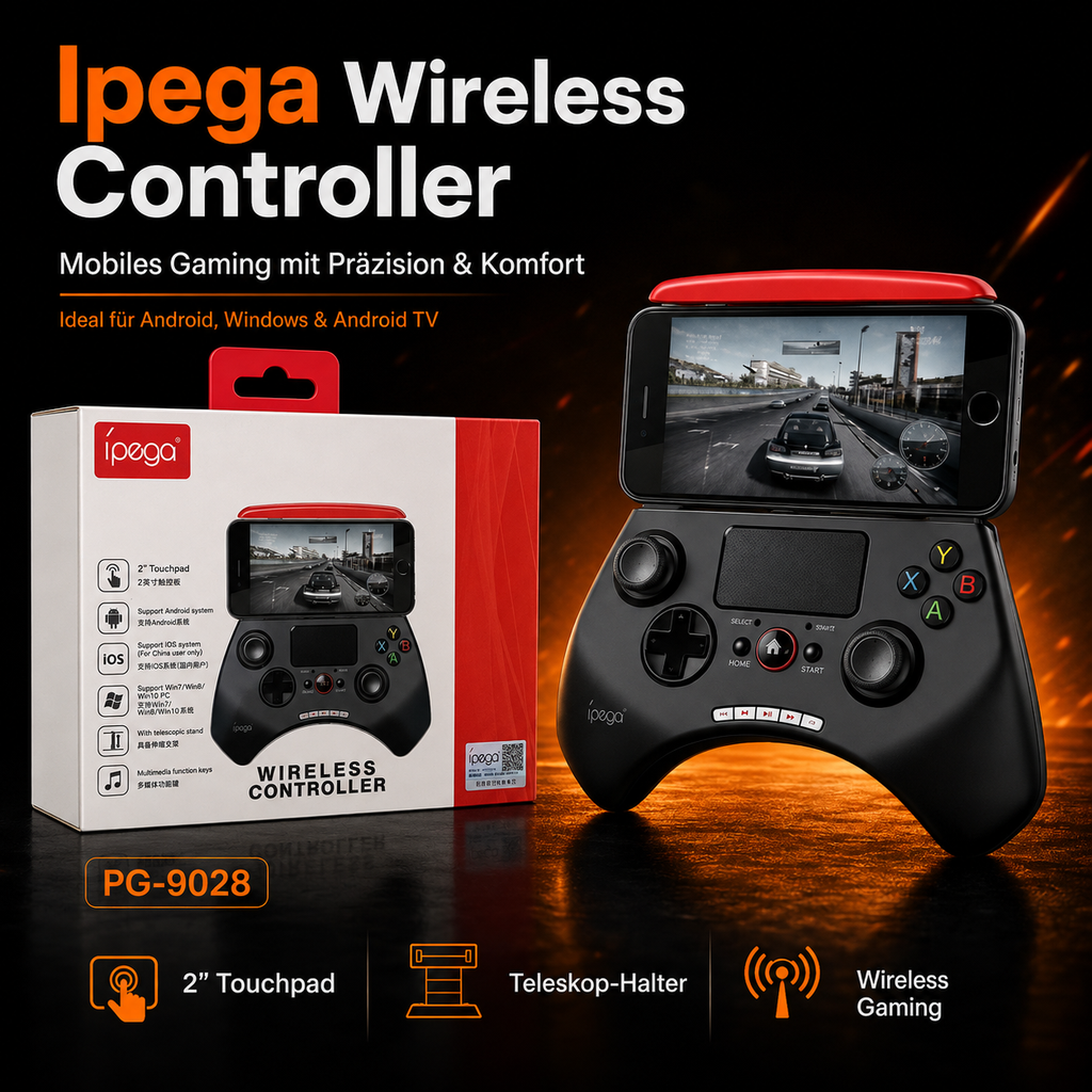iPega PG-9028 Wireless Gaming Controller – Gamepad mit 2" Touchpad & Smartphone-Halter für Android, PC & Android TV
