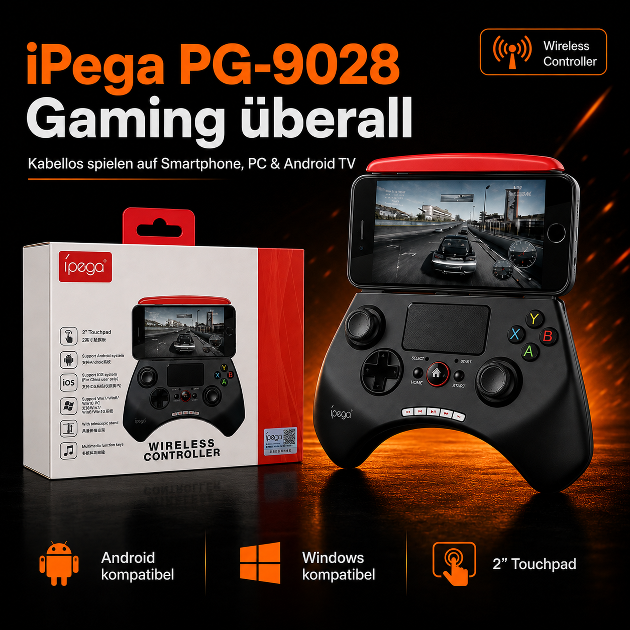 iPega PG-9028 Wireless Gaming Controller – Gamepad mit 2" Touchpad & Smartphone-Halter für Android, PC & Android TV