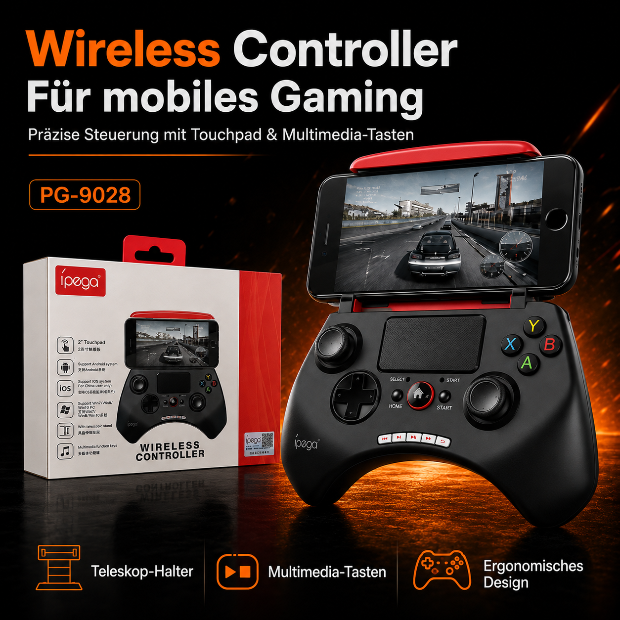 iPega PG-9028 Wireless Gaming Controller – Gamepad mit 2" Touchpad & Smartphone-Halter für Android, PC & Android TV