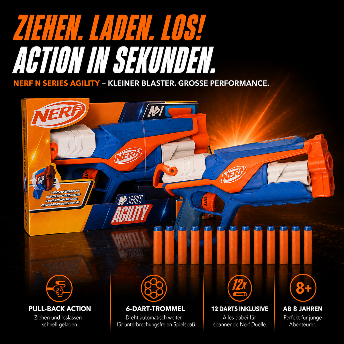 NERF N Series Agility Blaster – 6-Dart-Trommel inkl. 12 N1 Darts, ab 8 Jahren