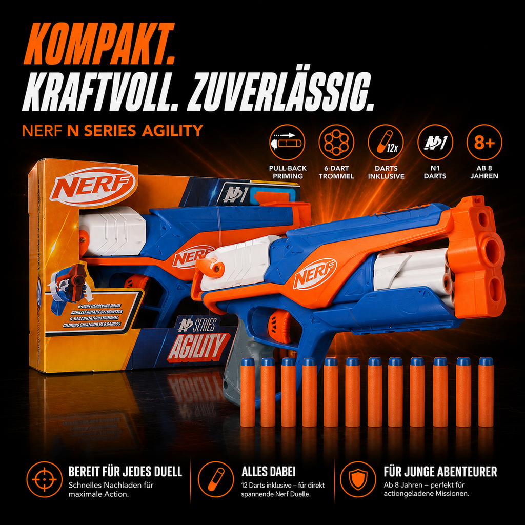 NERF N Series Agility Blaster – 6-Dart-Trommel inkl. 12 N1 Darts, ab 8 Jahren