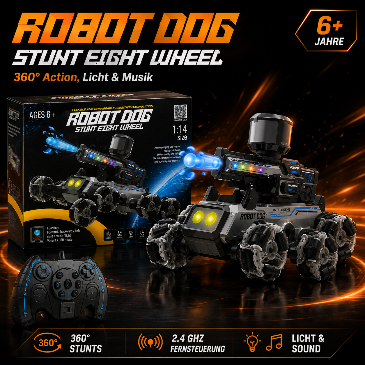 YL-118 Robot Dog 8-Rad RC Stuntfahrzeug – 360° Action, Licht & Musik, 2,4 GHz