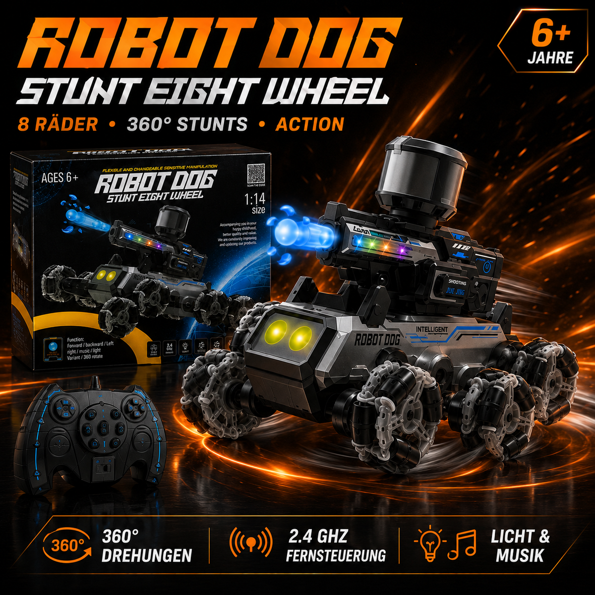 YL-118 Robot Dog 8-Rad RC Stuntfahrzeug – 360° Action, Licht & Musik, 2,4 GHz