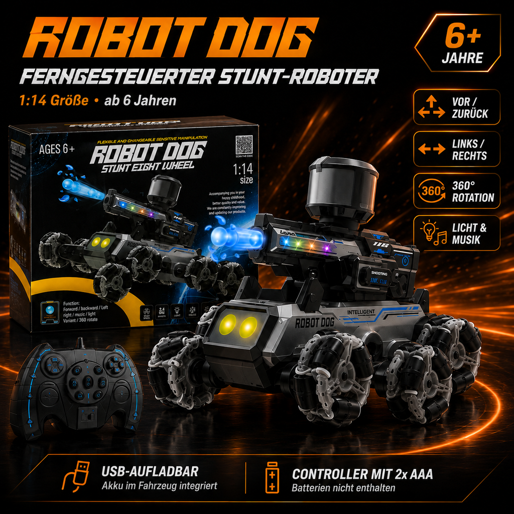 YL-118 Robot Dog 8-Rad RC Stuntfahrzeug – 360° Action, Licht & Musik, 2,4 GHz