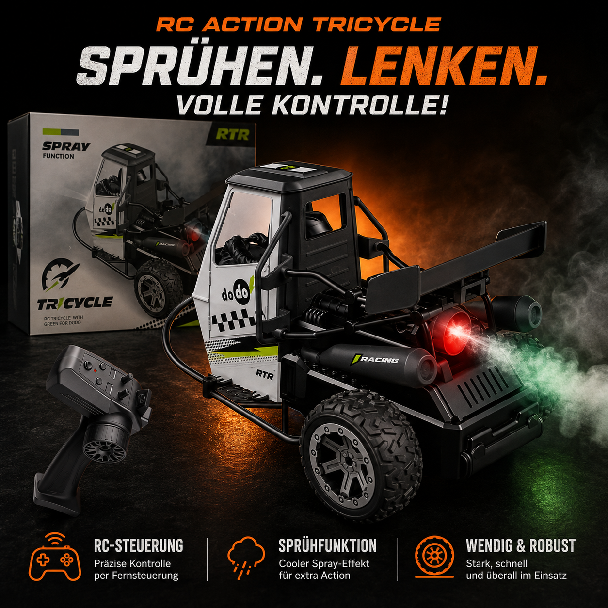 S810 Dodo RC Tricycle 1:16 – 2,4 GHz Stuntfahrzeug mit Spray-Nebel, LED & Sound