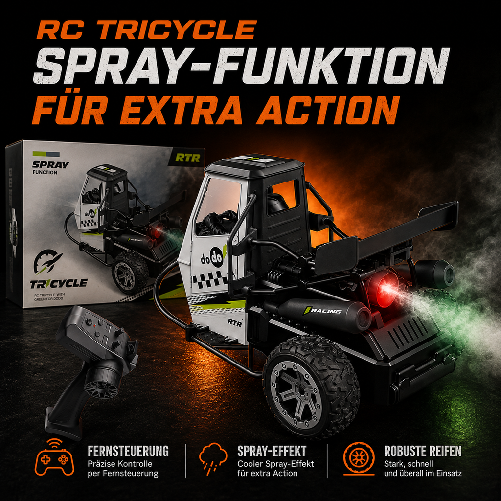 S810 Dodo RC Tricycle 1:16 – 2,4 GHz Stuntfahrzeug mit Spray-Nebel, LED & Sound