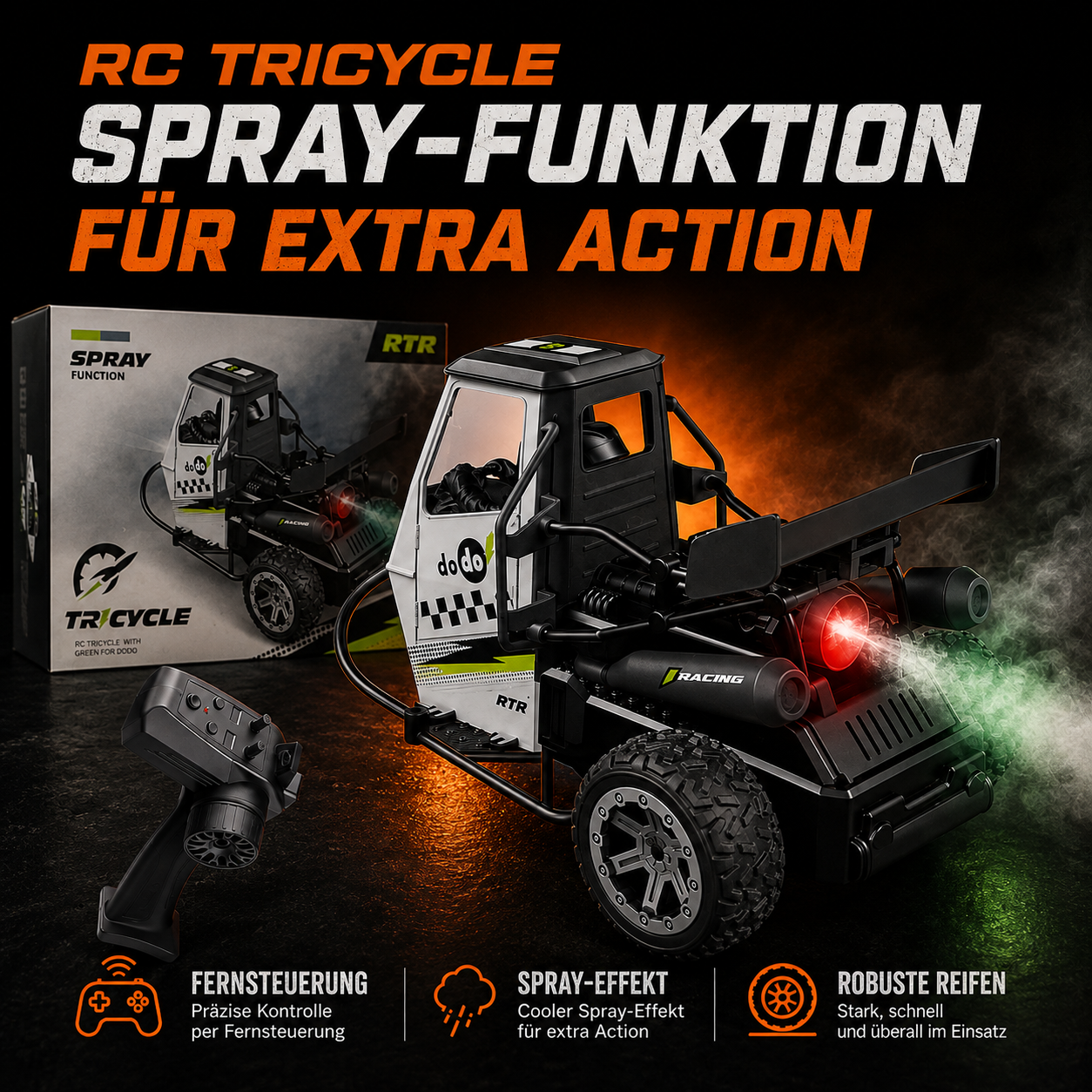 S810 Dodo RC Tricycle 1:16 – 2,4 GHz Stuntfahrzeug mit Spray-Nebel, LED & Sound