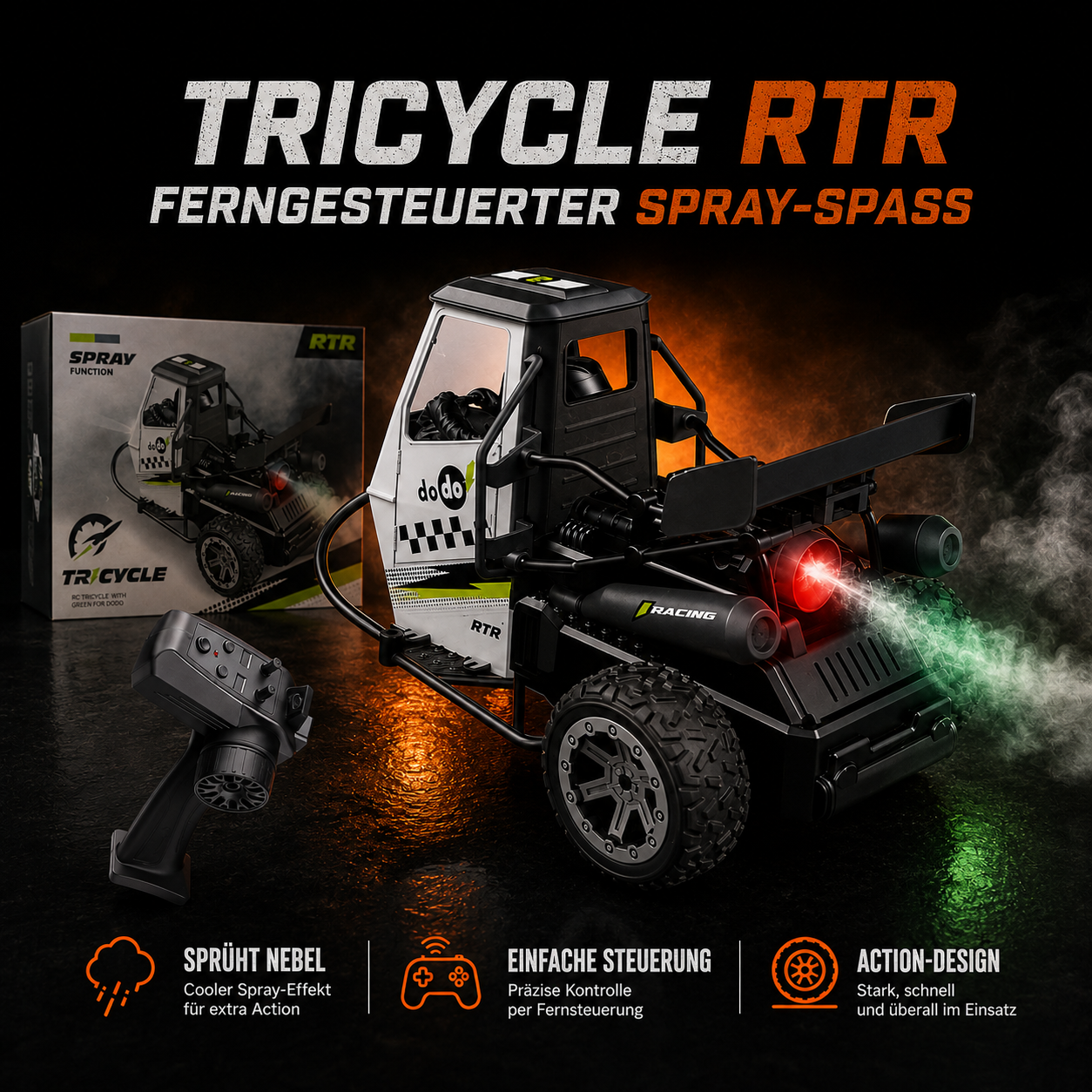 S810 Dodo RC Tricycle 1:16 – 2,4 GHz Stuntfahrzeug mit Spray-Nebel, LED & Sound