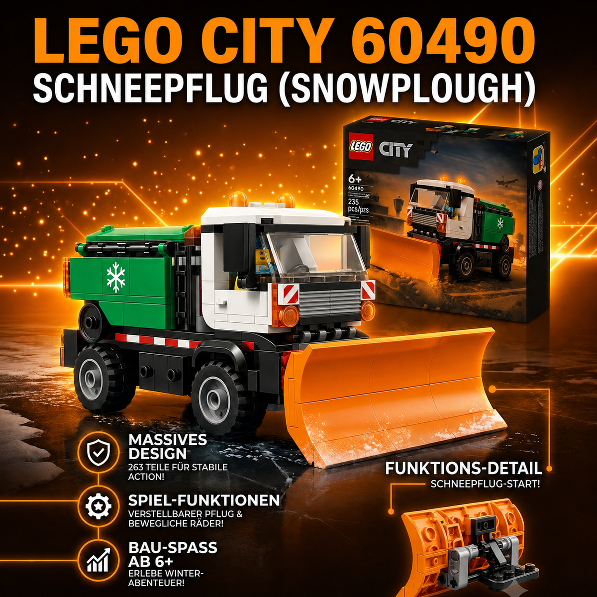 LEGO® City 60490 Schneepflug – 263 Teile, Streufunktion & Fahrer-Minifigur