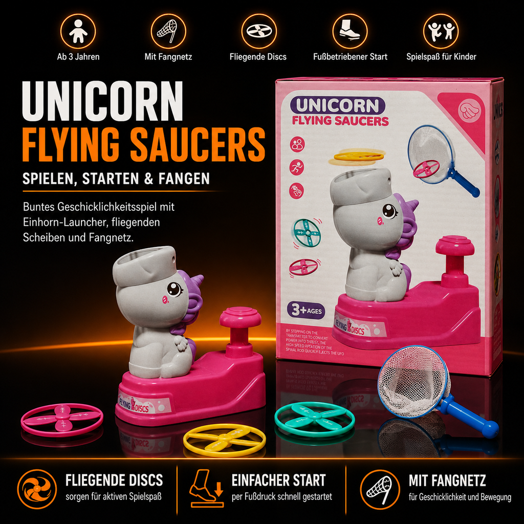 Unicorn Flying Saucers – Fliegende Scheiben mit Fußstarter & Fangnetz ab 3 Jahren