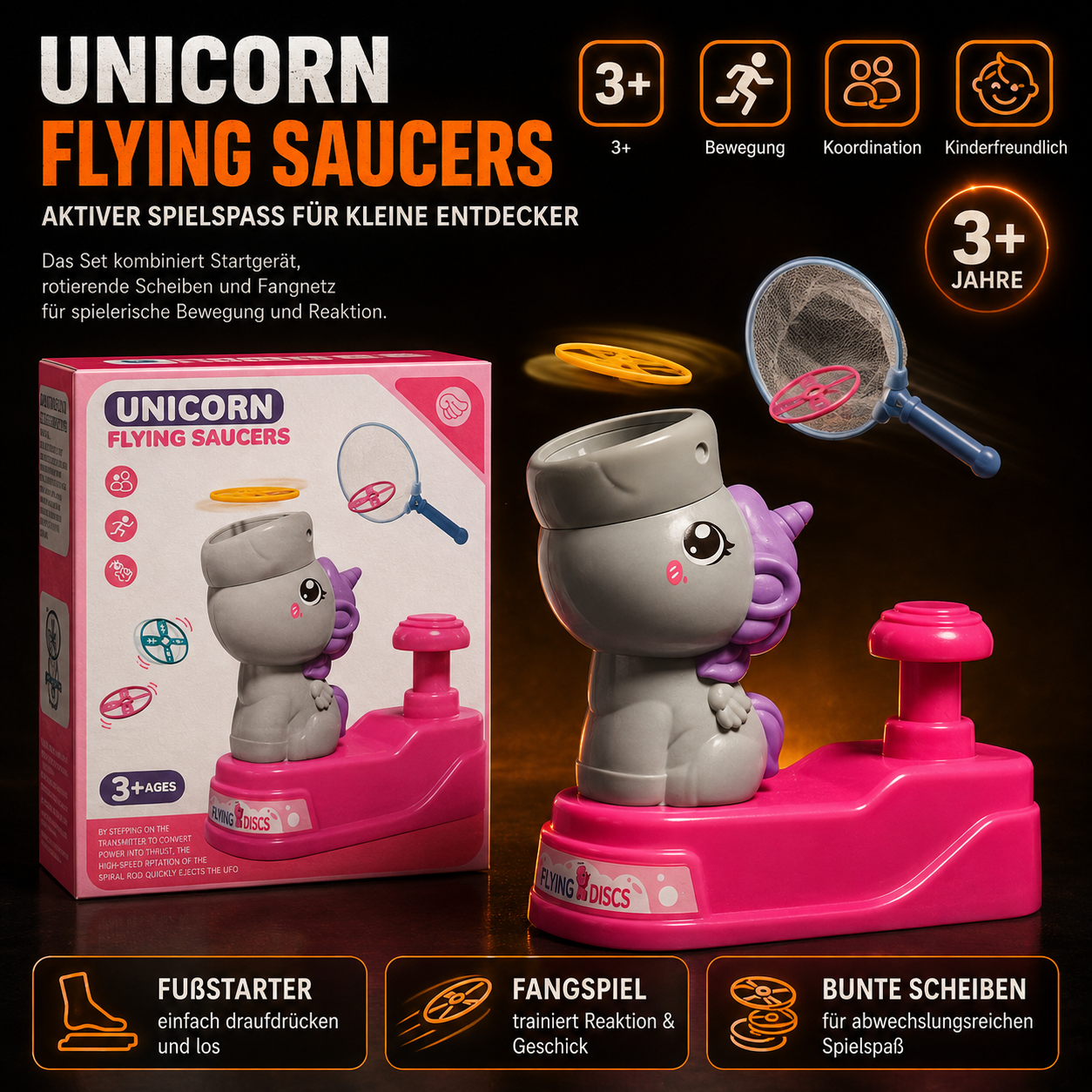 Unicorn Flying Saucers – Fliegende Scheiben mit Fußstarter & Fangnetz ab 3 Jahren