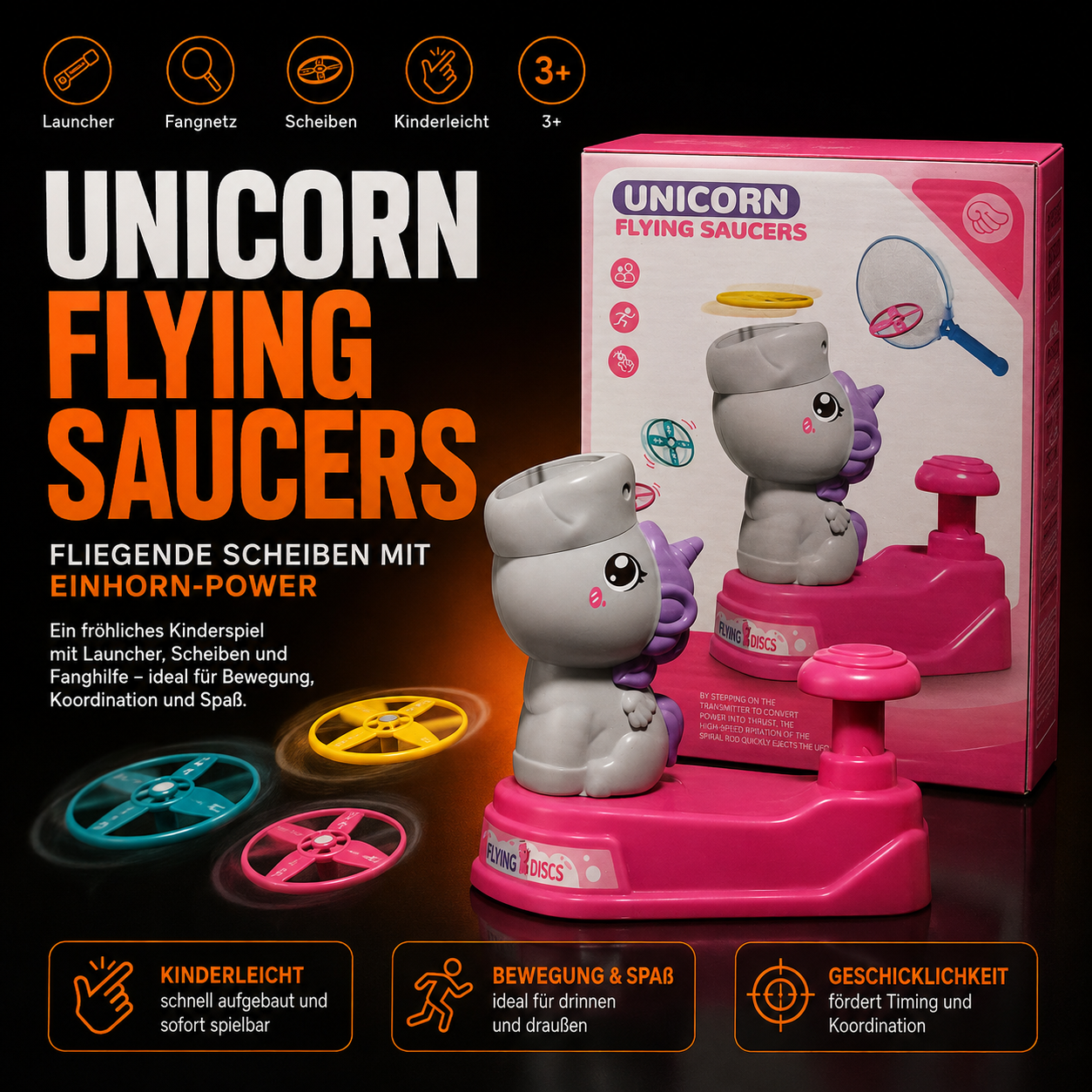 Unicorn Flying Saucers – Fliegende Scheiben mit Fußstarter & Fangnetz ab 3 Jahren
