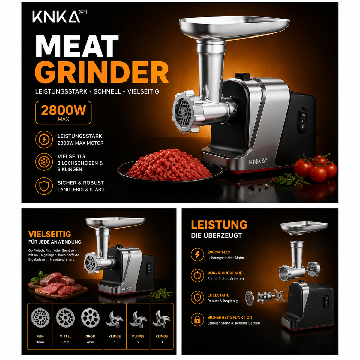 KNKA PRO Elektrischer Fleischwolf MGQ – bis 2800 W Max mit Wurstfüller & Kebbe-Aufsatz