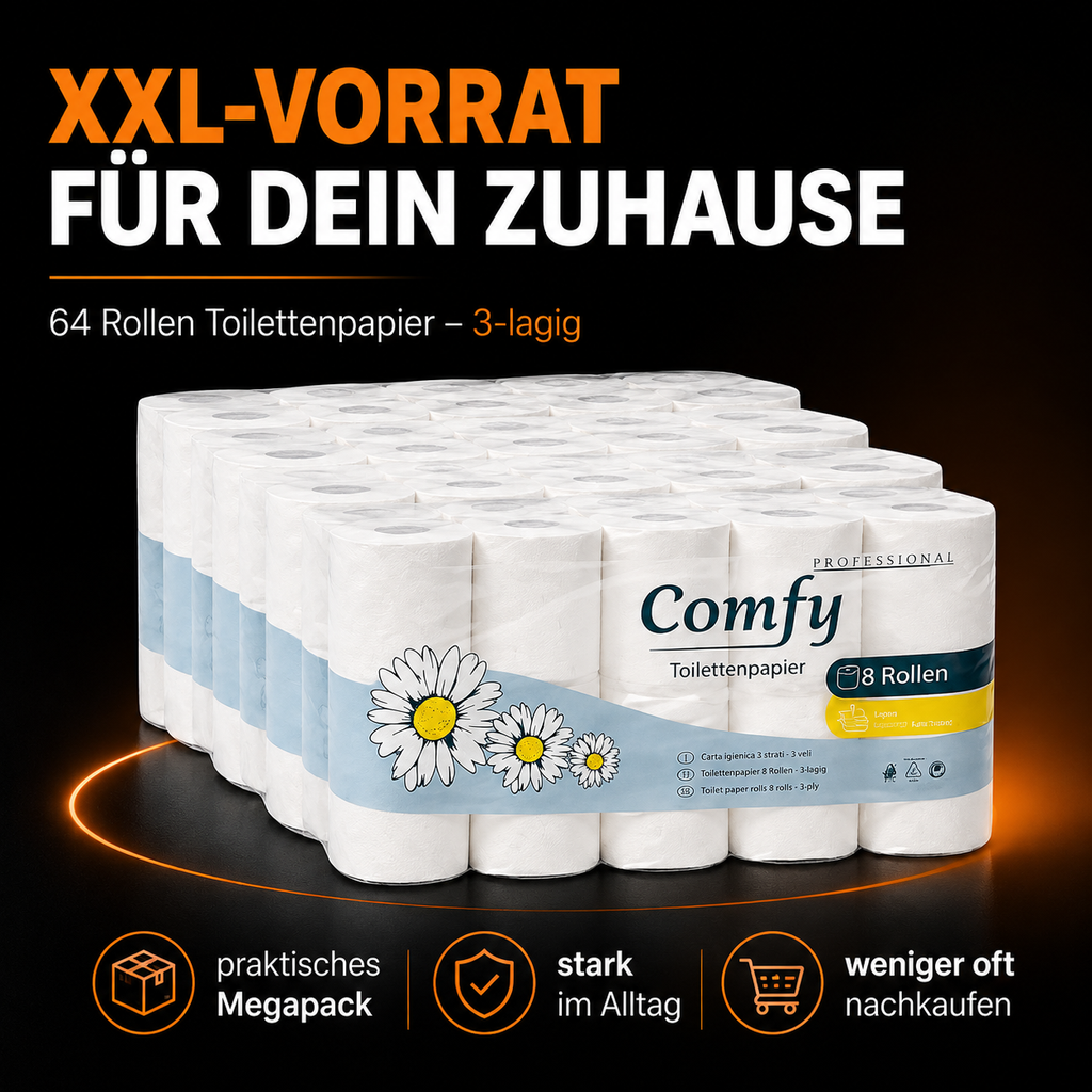 Comfy Toilettenpapier Megapack – 64 Rollen, 3-lagig im XXL-Vorratspack