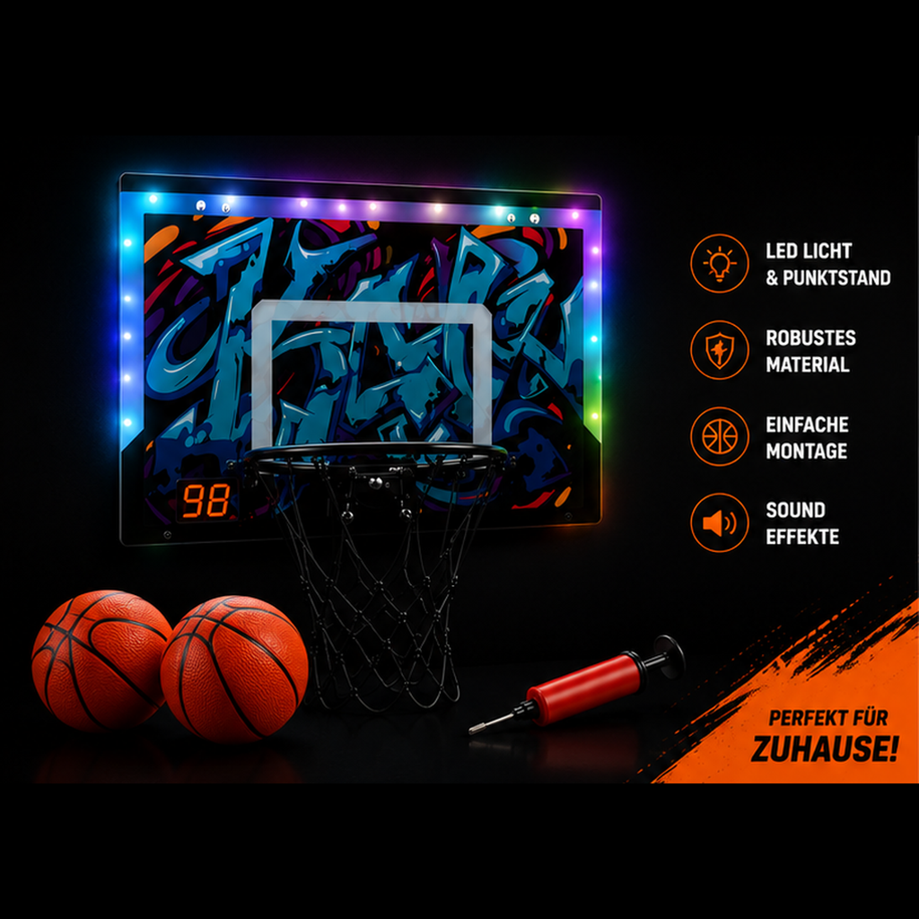 Mini-Basketballkorb mit LED-Punktestand – 4-in-1 Set mit 2 Bällen, Pumpe, Licht & Sound