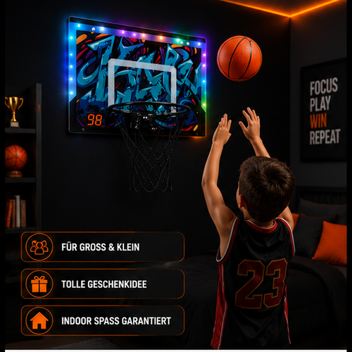 Mini-Basketballkorb mit LED-Punktestand – 4-in-1 Set mit 2 Bällen, Pumpe, Licht & Sound