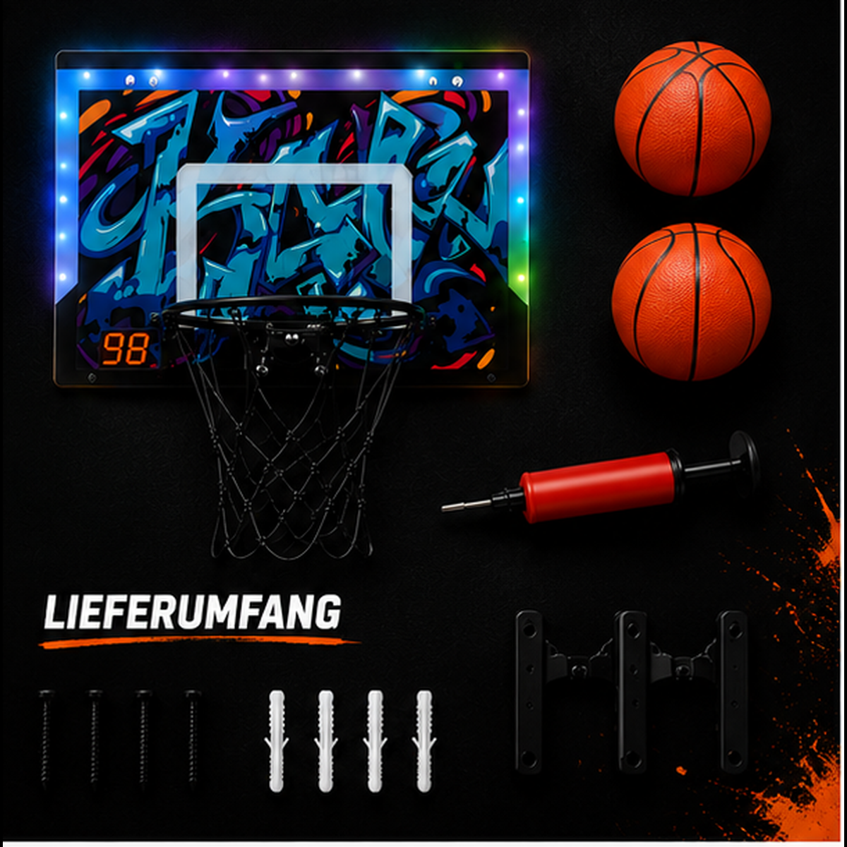 Mini-Basketballkorb mit LED-Punktestand – 4-in-1 Set mit 2 Bällen, Pumpe, Licht & Sound
