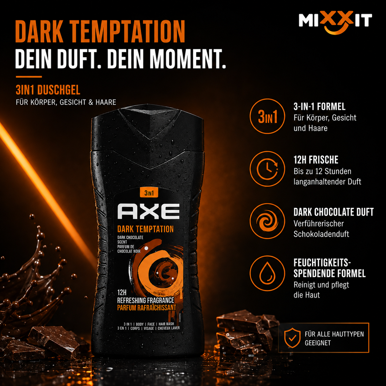 AXE Dark Temptation 3-in-1 Duschgel – Körper, Gesicht & Haar