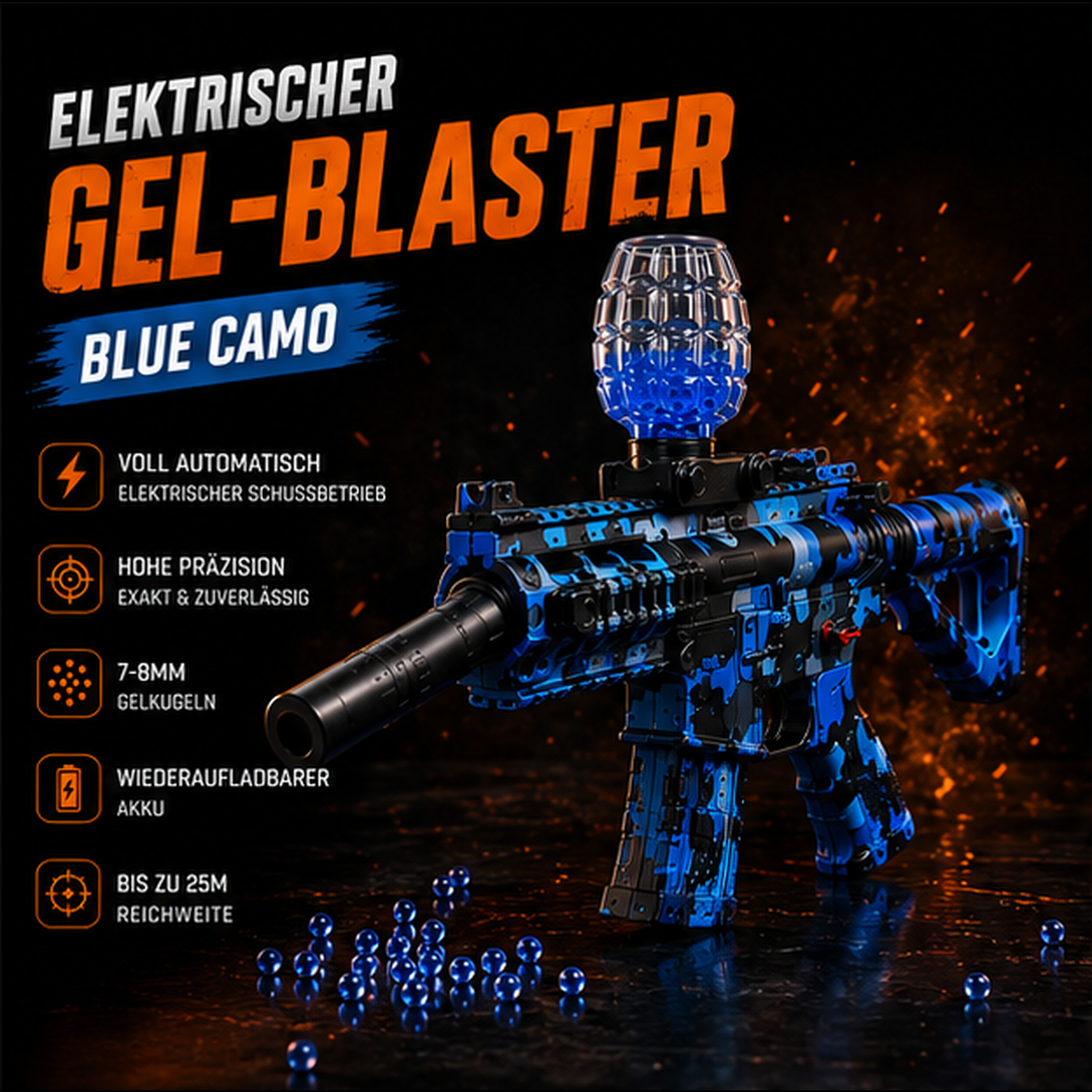 Elektrischer Gel-Blaster – Blue Camo / Red Camo mit Akku, USB-Ladekabel & Hopper