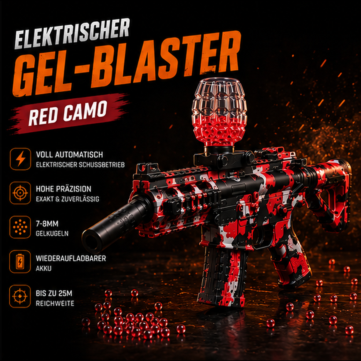 Elektrischer Gel-Blaster – Blue Camo / Red Camo mit Akku, USB-Ladekabel & Hopper